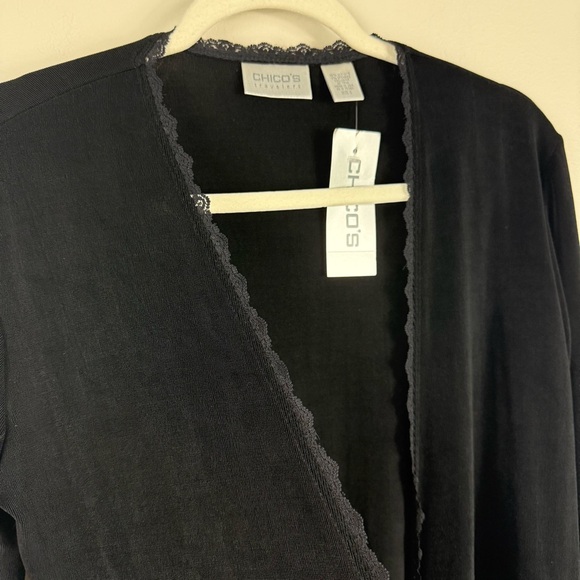 Chico's Cardigan Womens Small Tie Front Lace Trim Long Sleeve Black Top Stretch - Picture 4 of 9